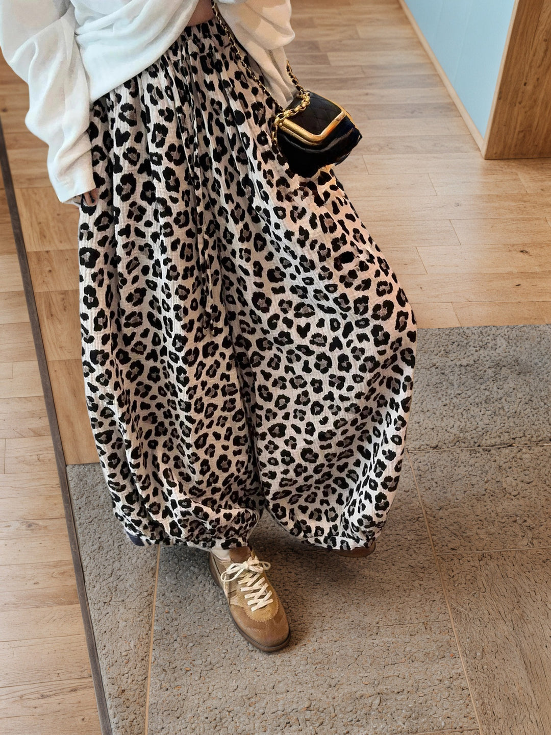 Damen Weit geschnittener Leoprint Rock mit elastischem Bund Drune
