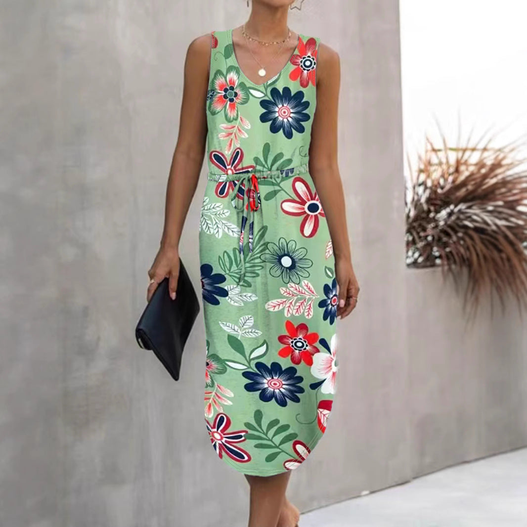 Damen Blumenmaxikleid mit elastischem Taillenkordelzug und seitlichem Schlitz Drune