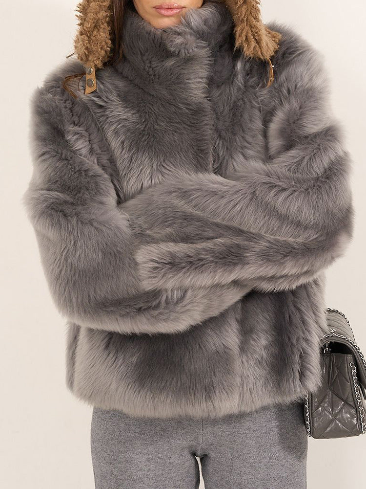 Damen Pelzjacke im modernen Oversize-Stil mit gemütlichem Kragen Drune