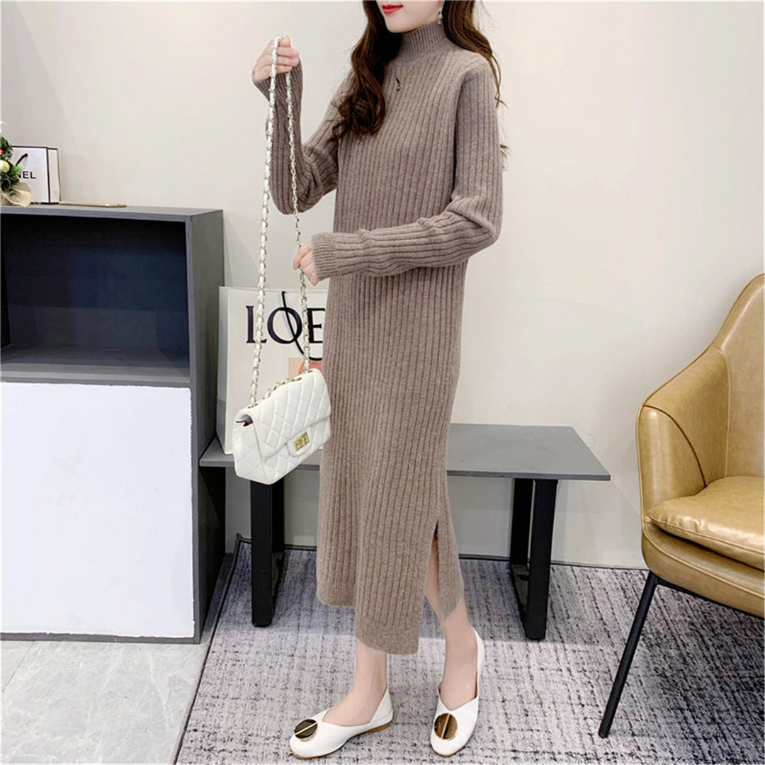 Damen Strickmaxikleid mit hohem Kragen und feiner Rippstruktur Drune