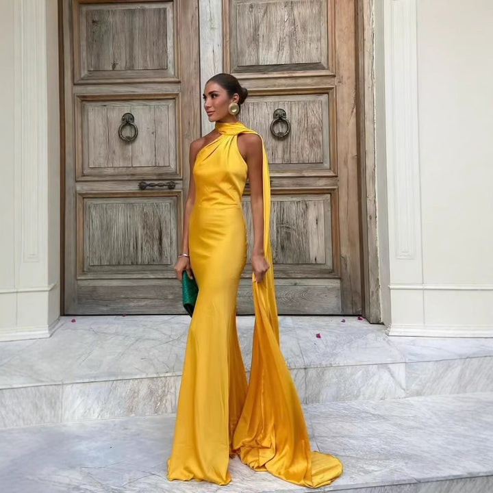 Damen elegantes Abendkleid mit einseitigem Cape und raffinierter Drapierung Drune