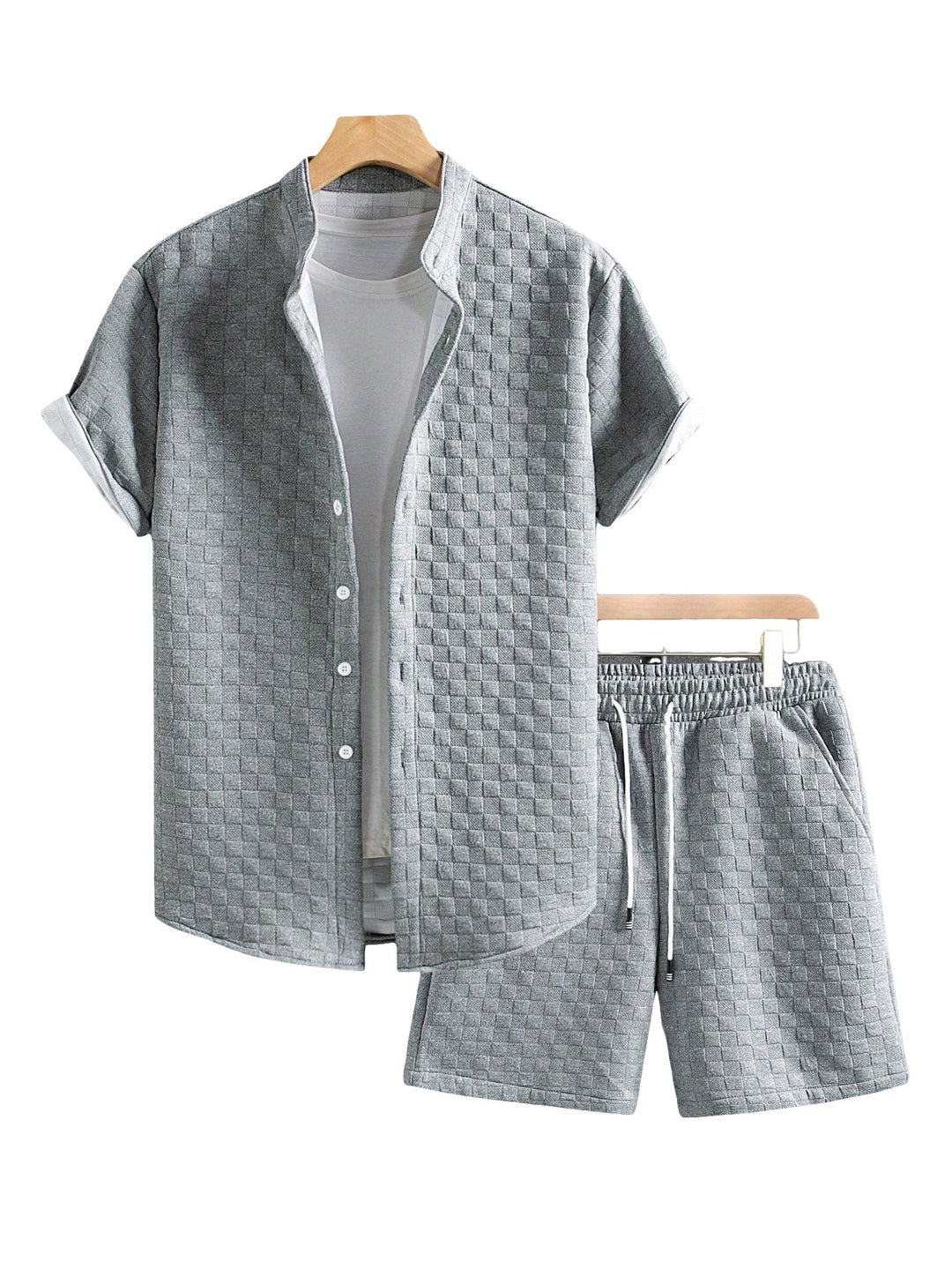 Herren nan zweiteiliges Sommerensemble mit Stehkragen-Hemdjacke und elastischen Komfort-Shorts in geprägter Karo-Textur Drune