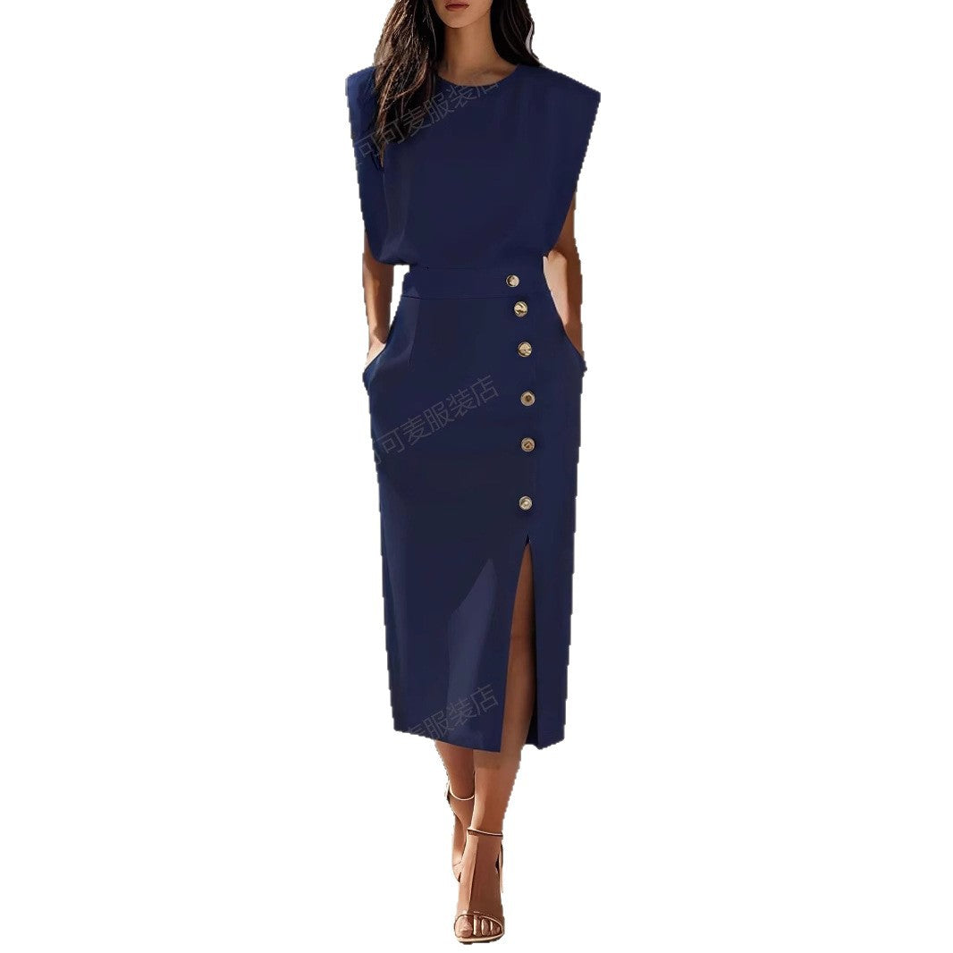 Damen Elegantes Abendkleid mit hohen Schultern und seitlichem Schlitz Drune