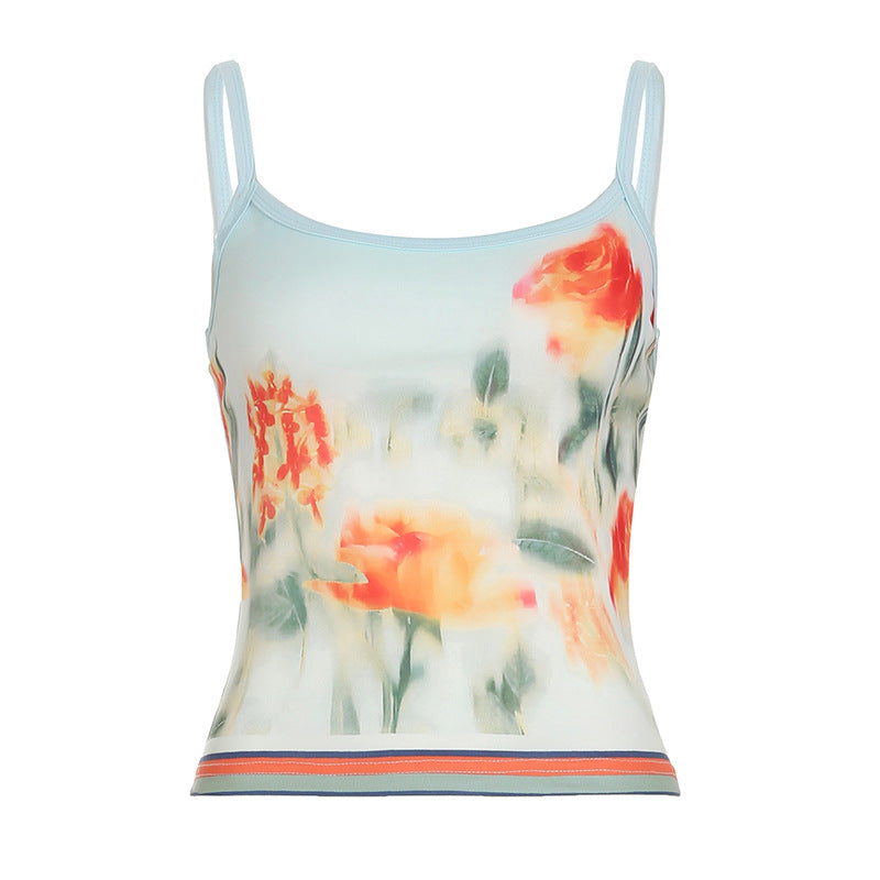 Damen Spaghettiträgertop mit floralem Print und feinem Bund Drune