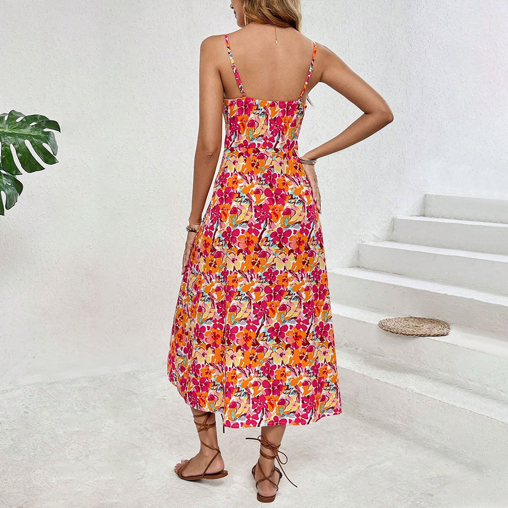 Damen Midi-Blumen-Kleid mit seitlichem Schlitz und Spaghettiträgern Drune