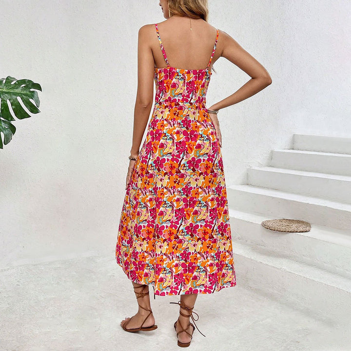 Damen Midi-Blumen-Kleid mit seitlichem Schlitz und Spaghettiträgern Drune