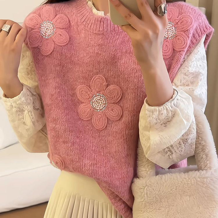Damen Strickpullover mit floralen Applikationen und strukturierter Oberfläche Drune