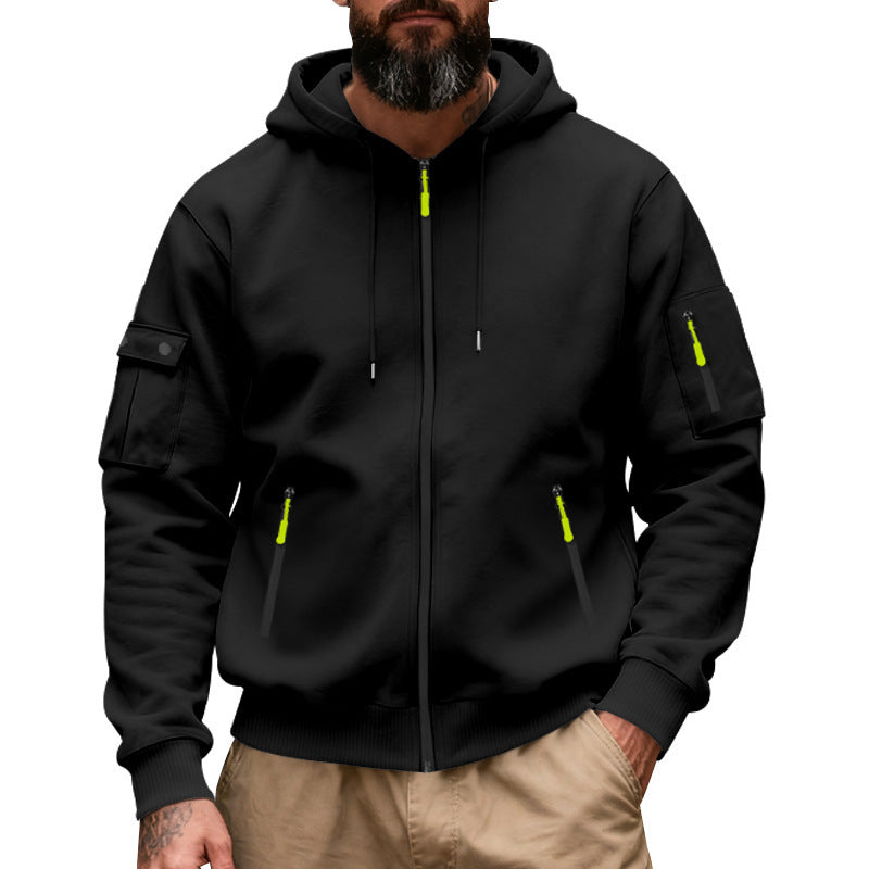 Herren nan Utility-Kapuzenjacke mit durchgehendem Reißverschluss, Arm-Cargo-Taschen und elastischen Bündchen Drune