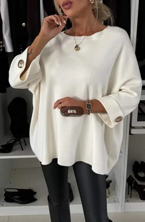 Damen Eleganter Strickpullover mit weit geschnittenen Ärmeln und Knopfdetails Drune