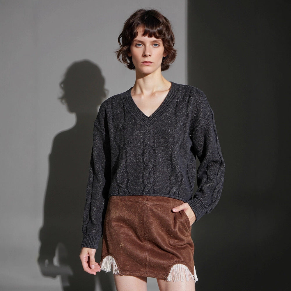 Damen Grobstrickpullover mit V-Ausschnitt und modernen Details Drune