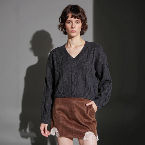 Damen Grobstrickpullover mit V-Ausschnitt und modernen Details Drune