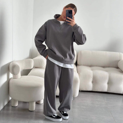 Damen nan Oversize Halbzip-Pullover mit Stehkragen und weitem Lounge-Hose-Set Drune