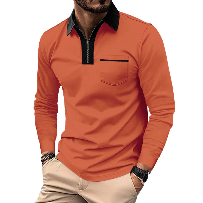 Herren Modisches Langarm-Polohemd mit Reißverschluss und Brusttasche Drune