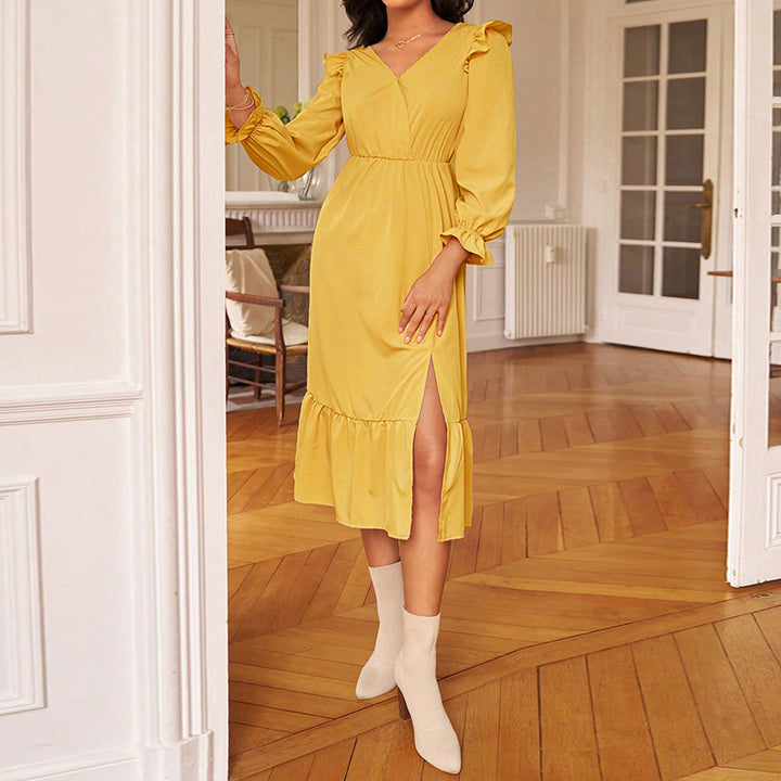 Damen Midikleid mit elegantem Rüschendesign und seitlichem Schlitz Drune