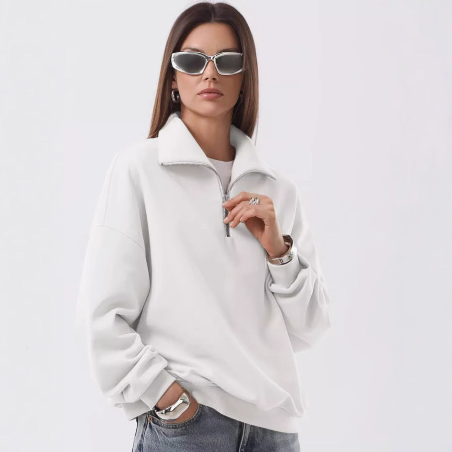 Damen Sportlicher Stehkragen Pullover mit Reißverschluss Drune