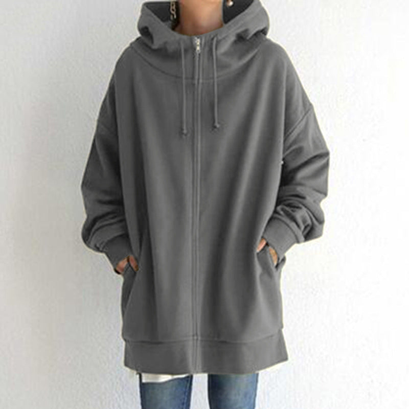 Damen nan oversized Kapuzenlongpullover mit Reißverschluss und Eingrifftaschen Drune