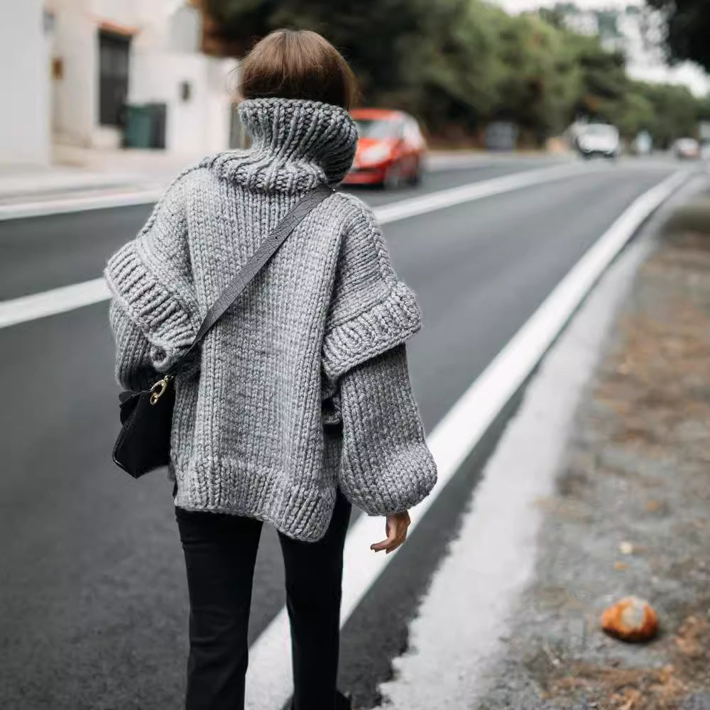 Damen Strickpullover mit hohem Kragen und weit geschnittenen Ärmeln Drune