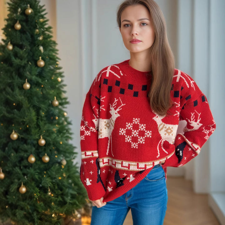 Damen gemusterter Weihnachtspullover mit festlichem Rentierdesign und Oversize-Schnitt Drune