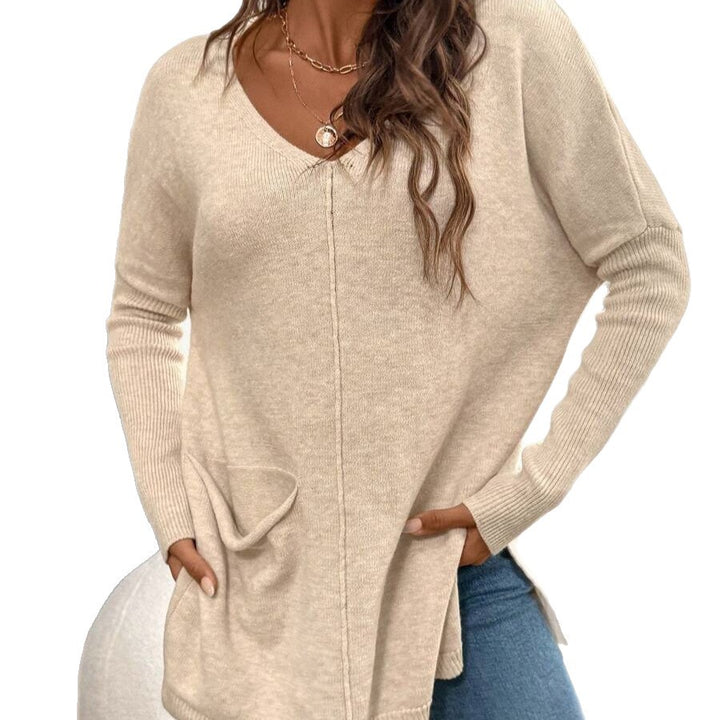 Damen Lässiger Pullover mit V-Ausschnitt und aufgesetzten Taschen Drune