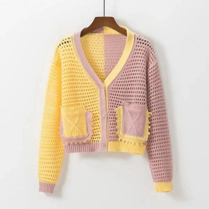Damen luftiger Strickcardigan mit feiner Netzstruktur und aufgesetzten Taschen Drune