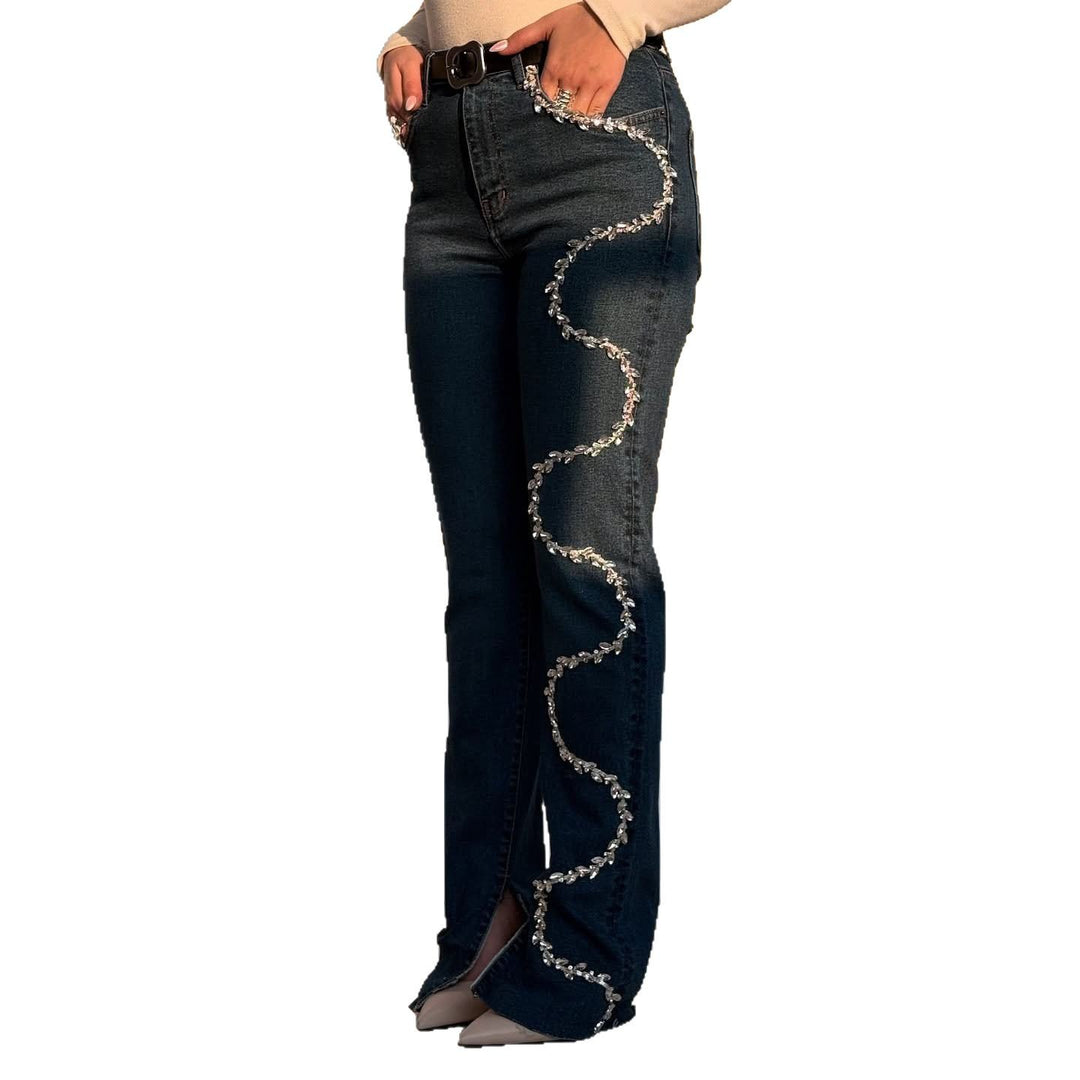Damen Bootcut-Jeans mit glitzernden Applikationen und fransigen Abschlüssen Drune