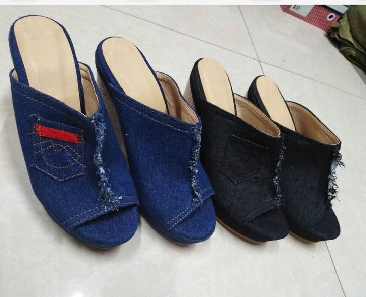 Damen nan Jeans-Pantolette mit offener Zehenpartie, fransigem Saum und Bastkeilabsatz Drune