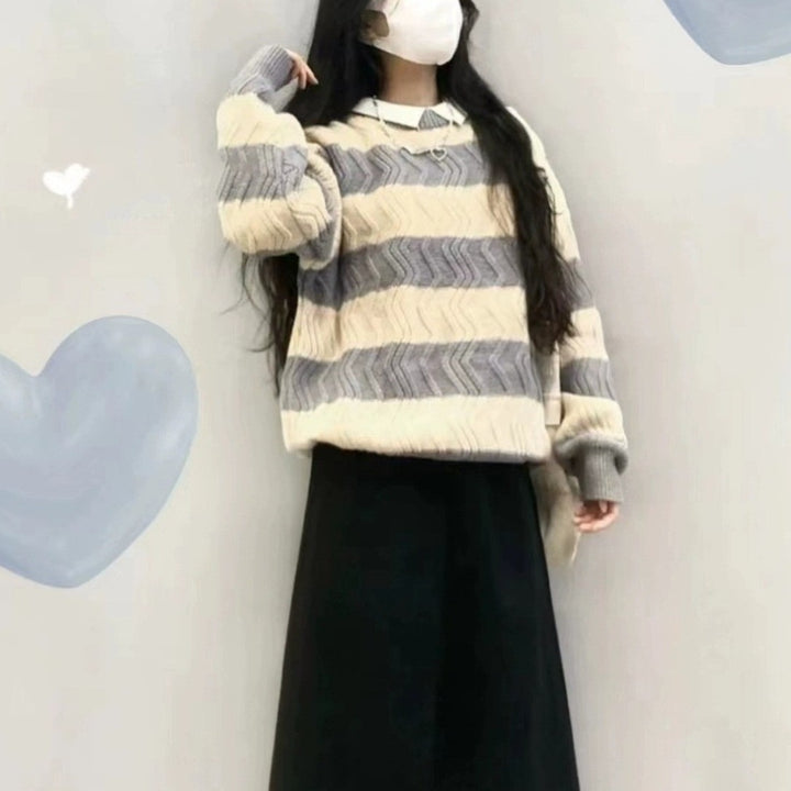 Damen Modischer Strickpullover mit strukturiertem Wellenmuster Drune