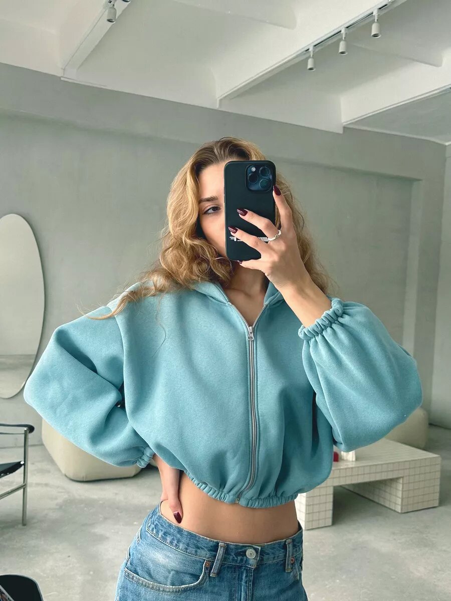Damen nan oversized Kapuzenjacke kurz geschnitten mit elastischem Saum und Ballonärmeln Drune