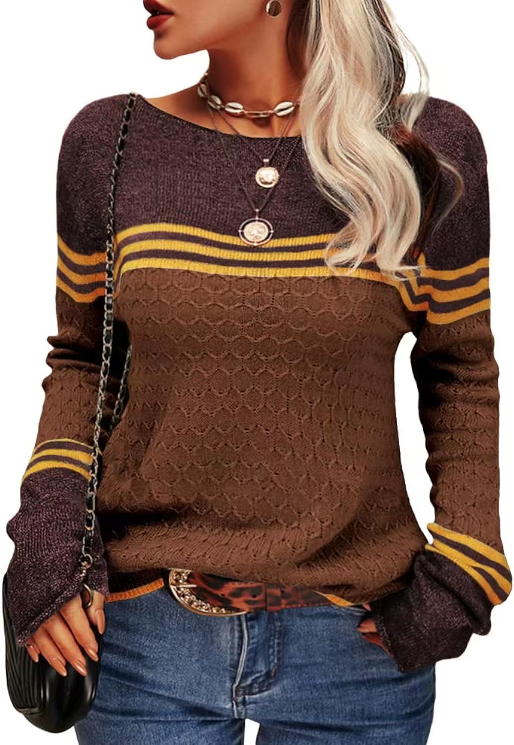 Damen lässiger Strickpullover mit kontrastierenden Farbblöcken und einzigartiger Textur Drune