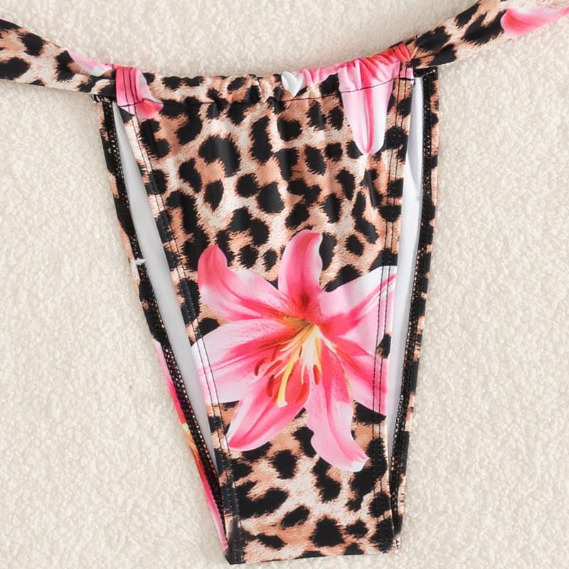 Damen Bikini-Set mit floralem Leopardenmuster und elegantem Knotendetail Drune