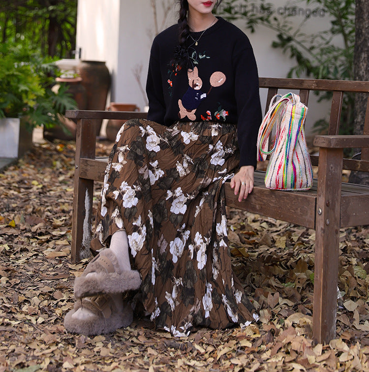 Damen nan fein gefalteter Midirock mit Vintage Blumenprint und elastischem Taillenbund Drune