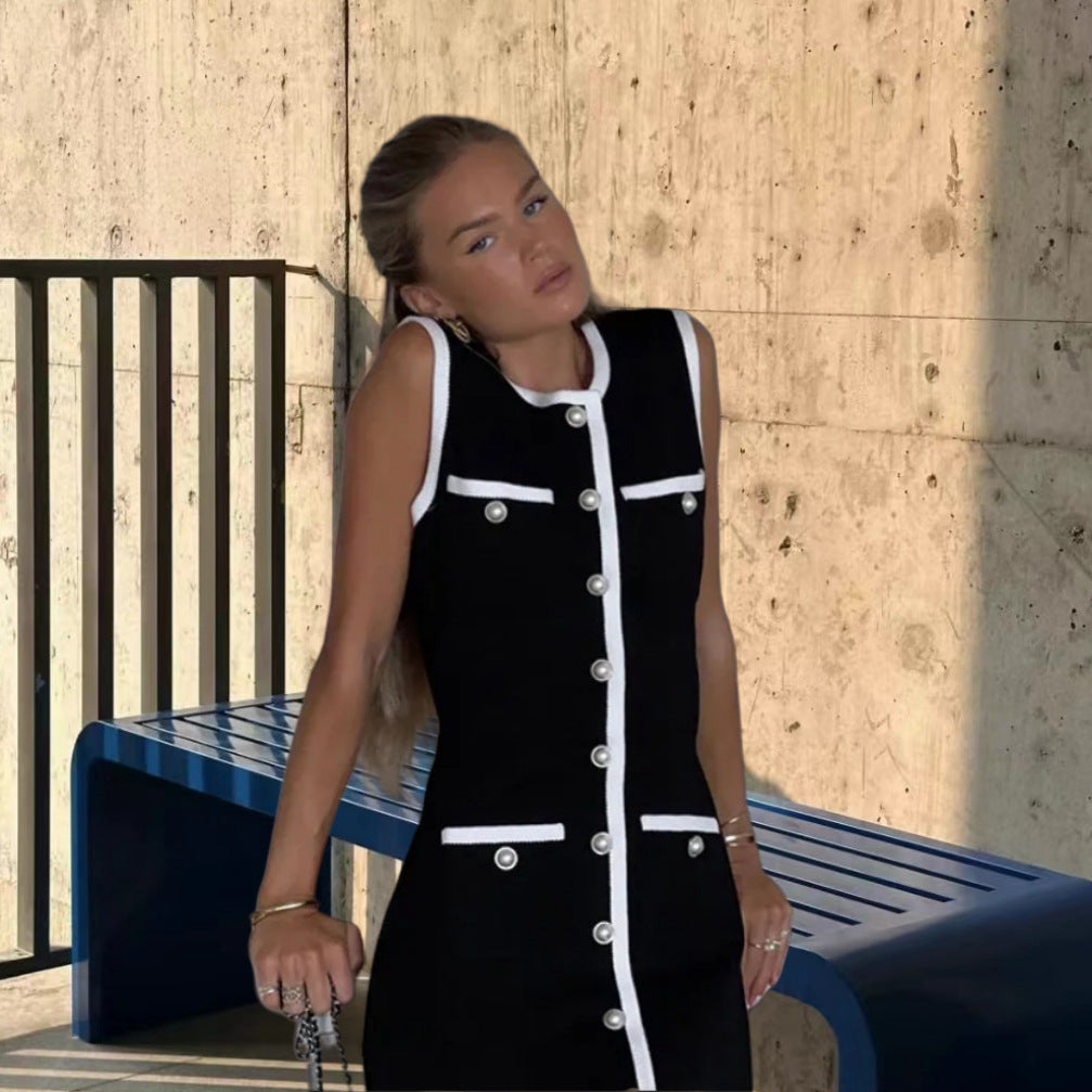 Damen Elegantes ärmelloses Kleid mit dekorativen Knöpfen und Kontrastdetails Drune