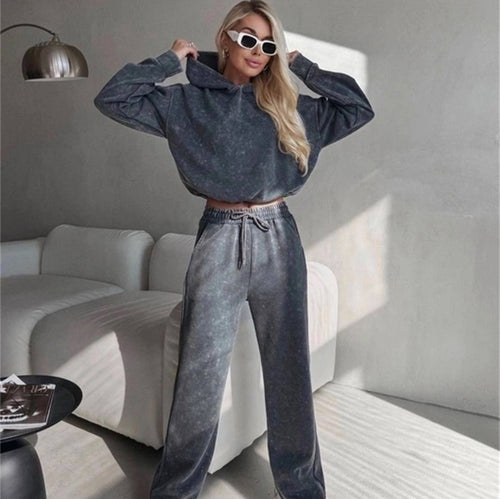 Damen lässiges Hoodie-Set mit weit geschnittenen Hosen und elastischem Bund Drune