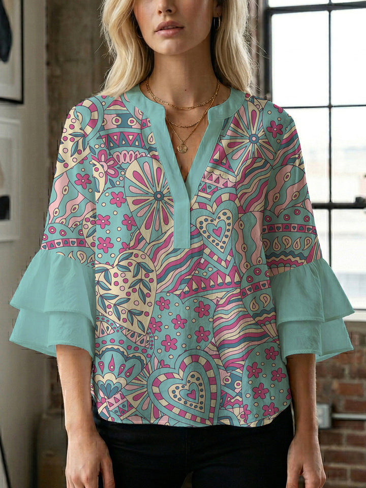 Damen elegantes Blusenshirt mit voluminösen Rüsenärmeln und grafischem Blumendesign Drune
