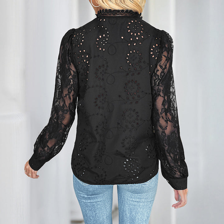 Damen Bluse mit aufregendem Lochmuster und eleganten Rüschen Drune