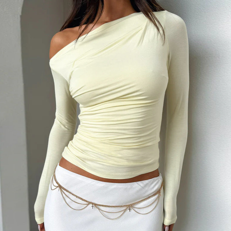 Damen Langarm-Crop-Top mit asymmetrischem Ausschnitt und Raffung Drune
