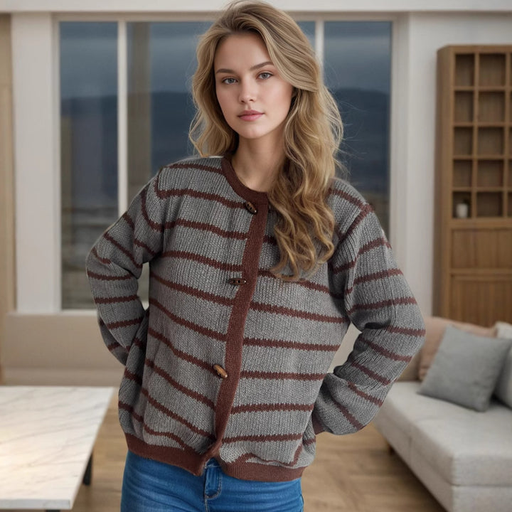 Damen gestreifte Strickjacke mit hochwertigen Holzknöpfen und rundem Ausschnitt Drune