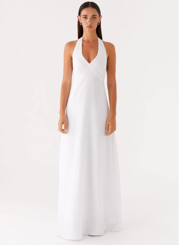 Damen Elegantes ärmelloses Hochzeitskleid mit Taillierungsband und fließendem Stoff Drune