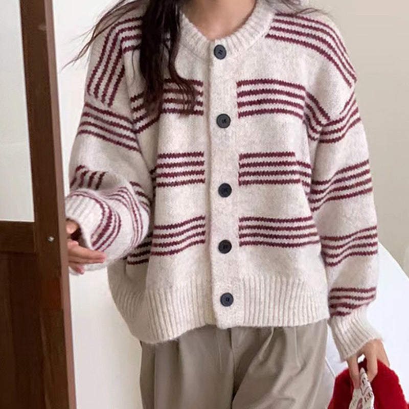 Damen Großer Strickcardigan mit dekorativem Streifendesign Drune