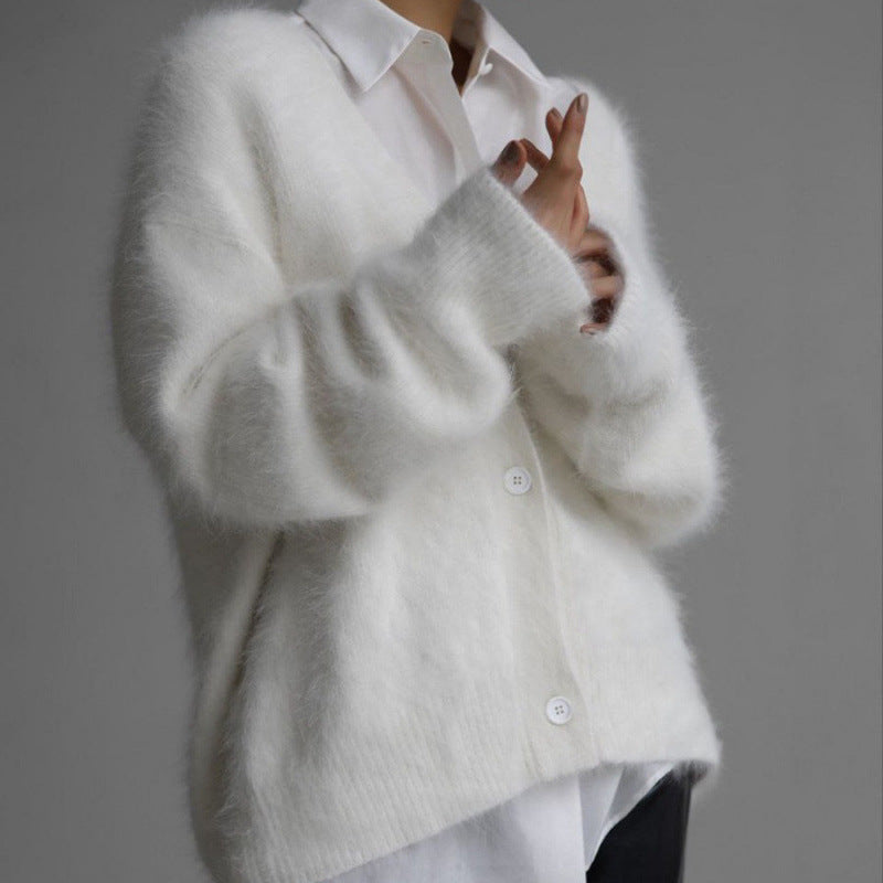 Damen flauschiger Cardigan mit V-Ausschnitt und übergroßem Schnitt Drune