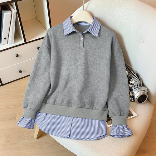 Damen elegantes Sweatshirt mit integriertem Hemdblusen-Design Drune