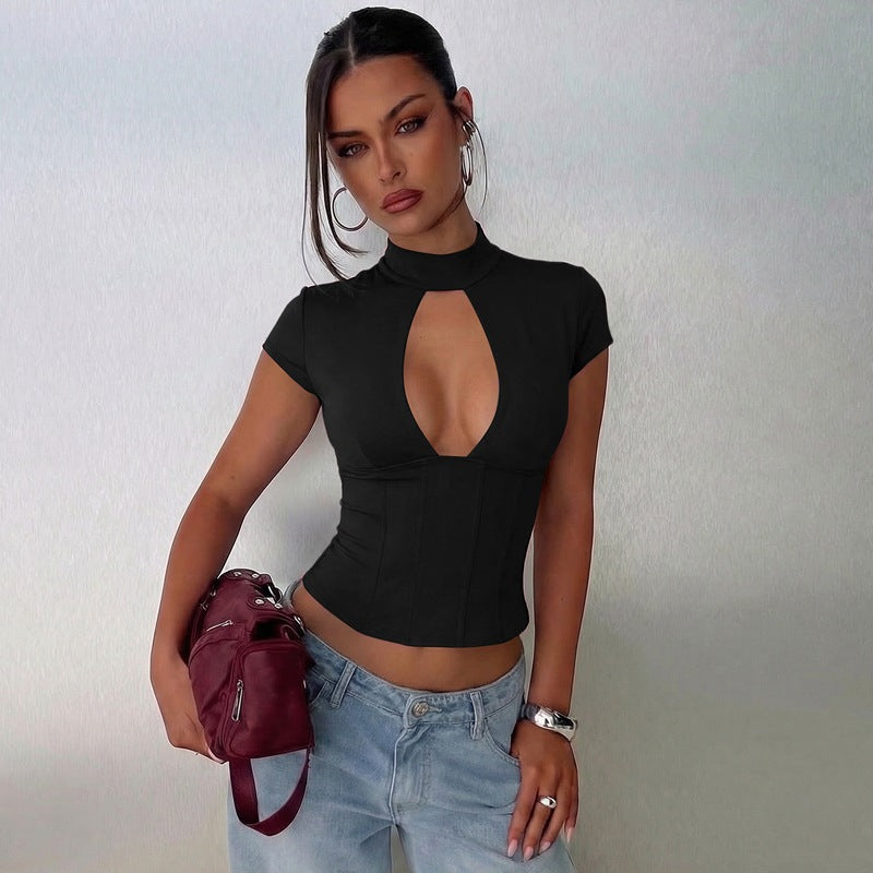 Damen figurbetontes Oberteil mit hochgeschlossenem Design und Cut-Out Akzent Drune