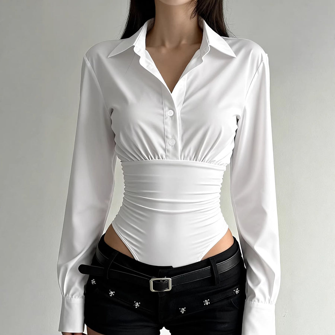 Damen eleganter Bodysuit mit feinem Kragen und Knopfdetails Drune