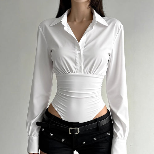 Damen eleganter Bodysuit mit feinem Kragen und Knopfdetails Drune