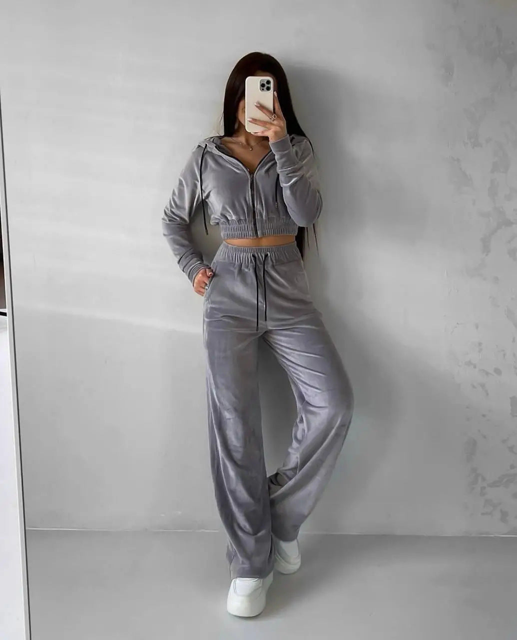 Damen Velours-Cropped-Hoodie und weite Jogginghose Set Drune