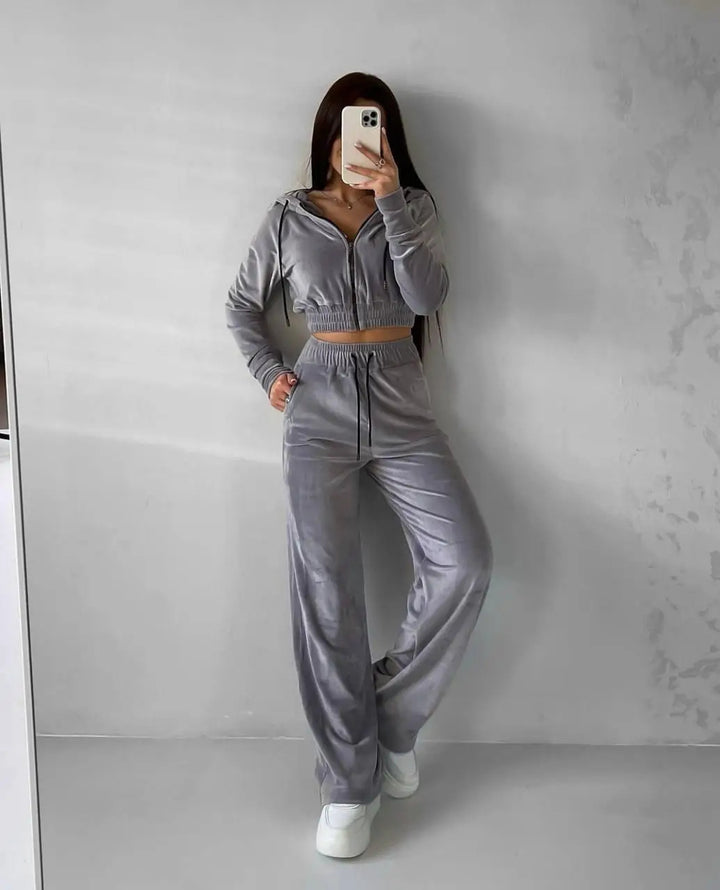 Damen Velours-Cropped-Hoodie und weite Jogginghose Set Drune