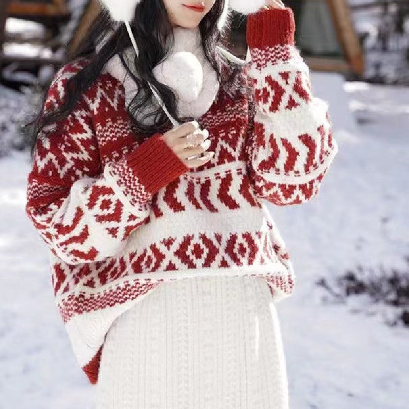 Damen gemütlicher Norwegerpullover mit dekorativem Muster und voluminösen Ärmeln Drune