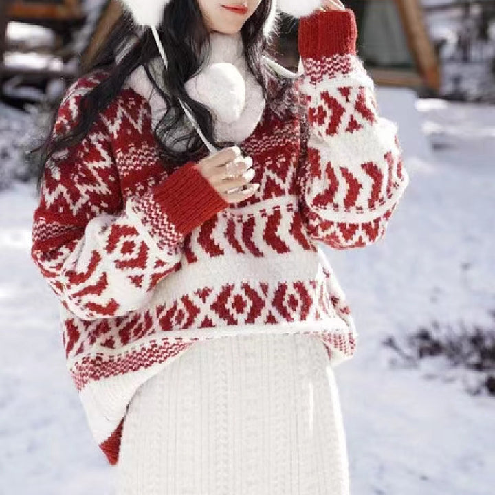 Damen gemütlicher Norwegerpullover mit dekorativem Muster und voluminösen Ärmeln Drune