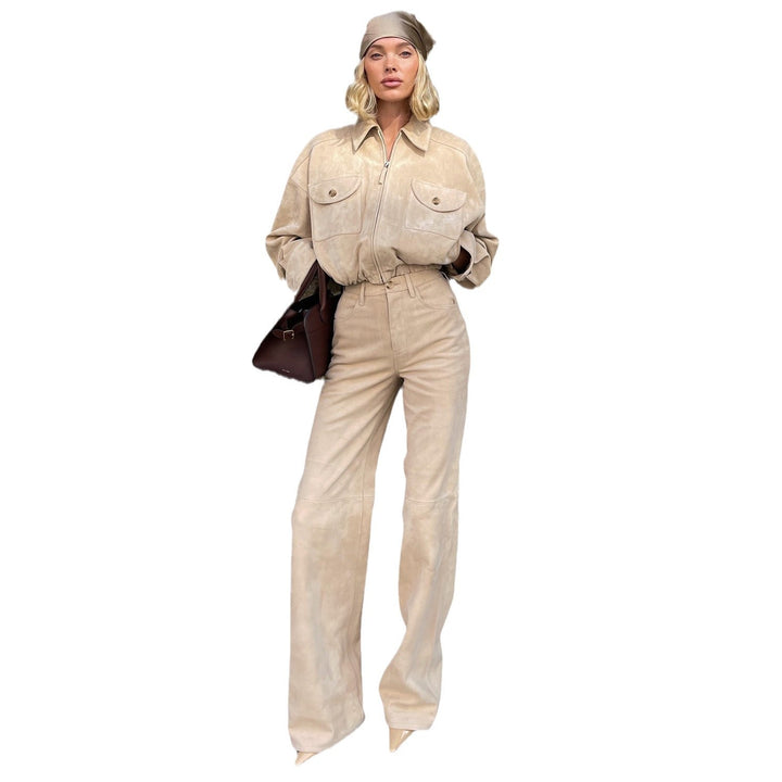 Damen Gesteppte Lederjacke und Hochbundhose Set Drune