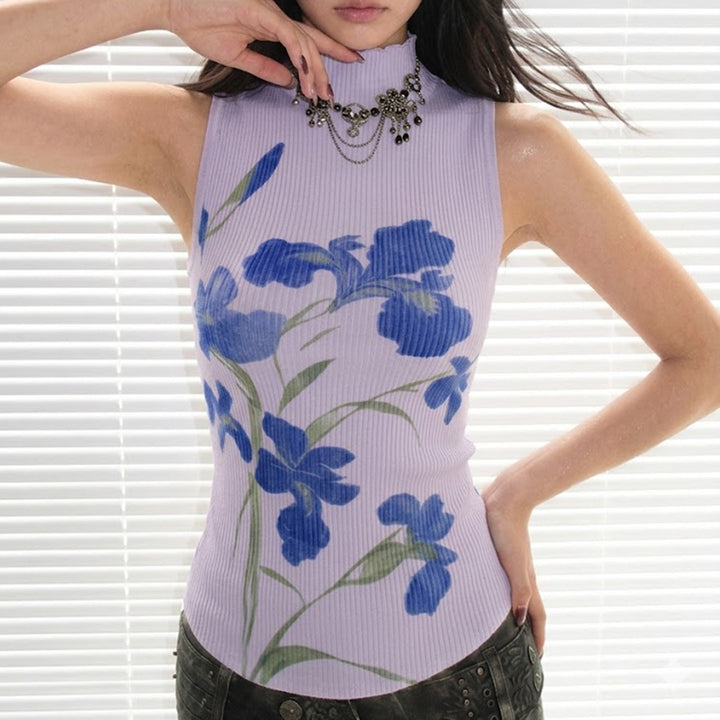 Damen ärmelloses Oberteil mit floralem Druck und elegantem Stehkragen Drune